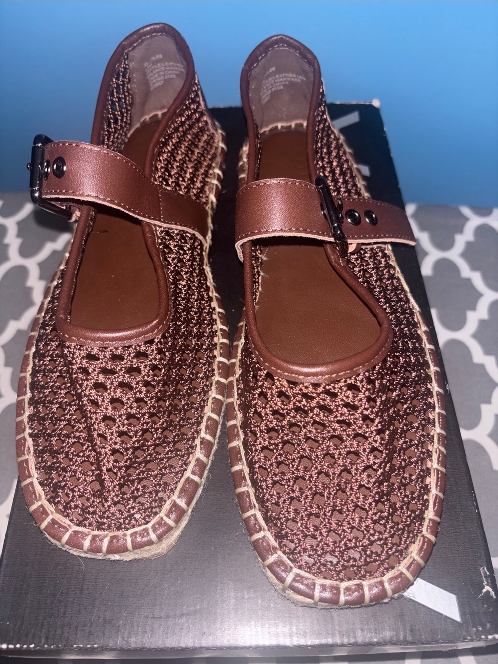 Aqua Brown Woven Mary Jane Espadrille Mules
